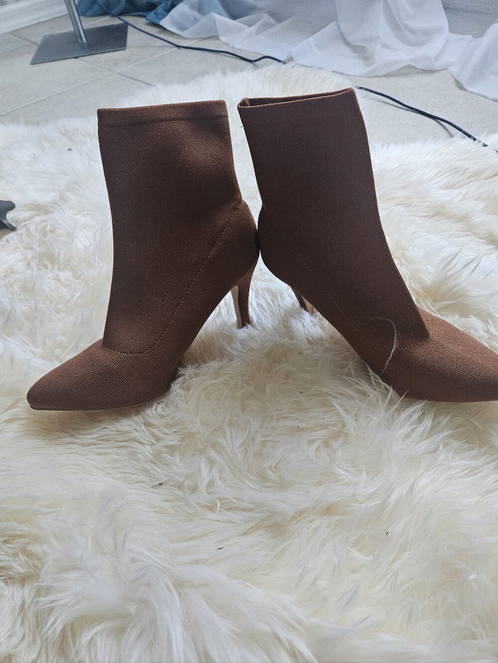 Women's Brown Pointed Sock Ankle Boots - Stretch Knit Booties